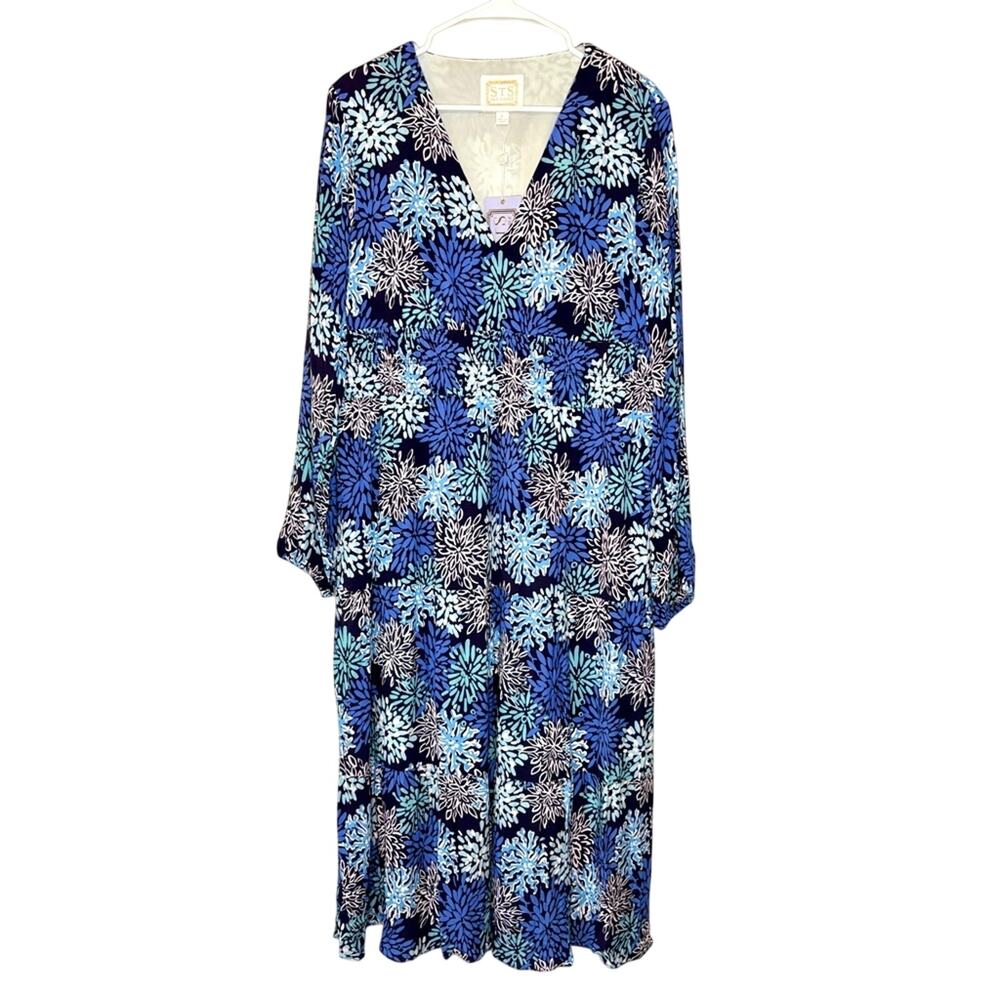Sail to Sable NWT Blue Coral Print Coastal Resort Smocked Waist Maxi Dress XL